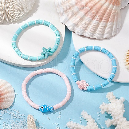 3Pcs 3 Styles Flat Round Handmade Polymer Clay Heishi Beaded Stretch Bracelets BJEW-JB11715-1