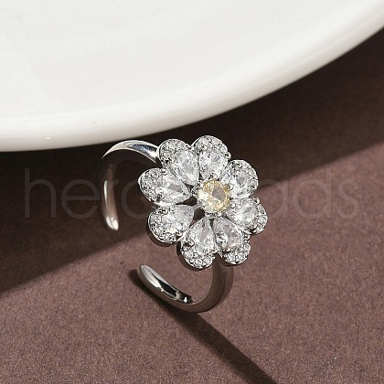 Flower Brass Micro Pave Cubic Zirconia Cuff Rings for Women RJEW-A069-01B-P-1