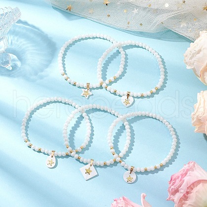5Pcs 5 Styles Natural Freshwater Shell with Metal Star Slice Charm Bracelets BJEW-JB11688-1