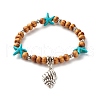 Starfish Synthetic Turquoise Beads & Round Natural Wood Beads Stretch Bracelet BJEW-JB07270-1