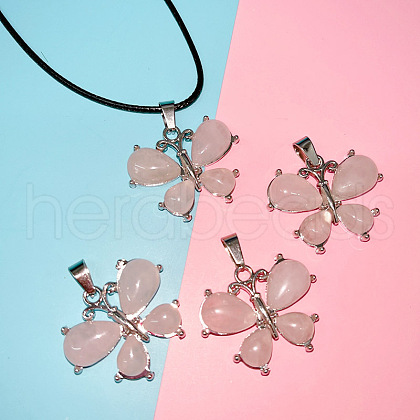 Butterfly Alloy Pave Natural Rose Quartz Pendant Imitation Leather Cord Necklaces FS-WG1163A-03-1