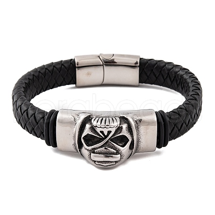 Men's Braided Black PU Leather Cord Bracelets BJEW-K243-39B-AS-1