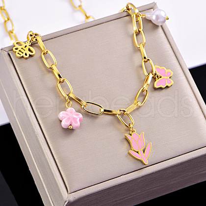 Spring 304 Stainless Steel Pink Enamel Rose Flower Butterfly Pendant Necklaces for Women FS-WGFBDE5-04-1