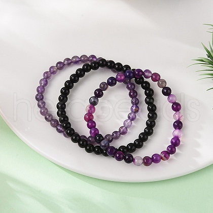 3Pcs 3 Style Natural Amethyst & Black Agate Round Beaded Stretch Bracelets Set PW23030762789-1