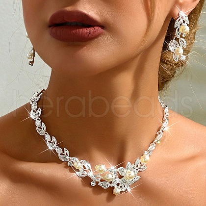 Leaf Alloy & Crystal Rhinestone & Plastic Pearl Chain Necklace & Stud Earring FS-WGF3342-01-1