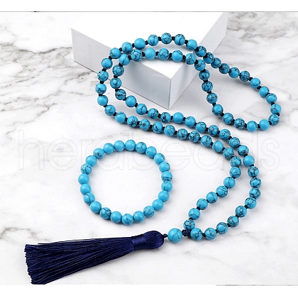 Synthetic Turquoise Round Beaded Pendant Necklaces & Bracelets Sets FS-WG9D102-13-1
