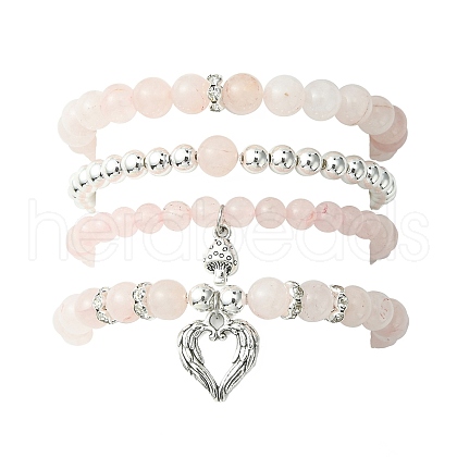 4Pcs 4 Style Natural Rose Quartz Beaded Stretch Bracelets Set BJEW-JB09524-1