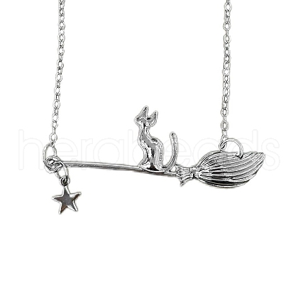 Halloween Alloy White Cat with Broom Pendant Necklaces for Women FS-WGACF10-04-1