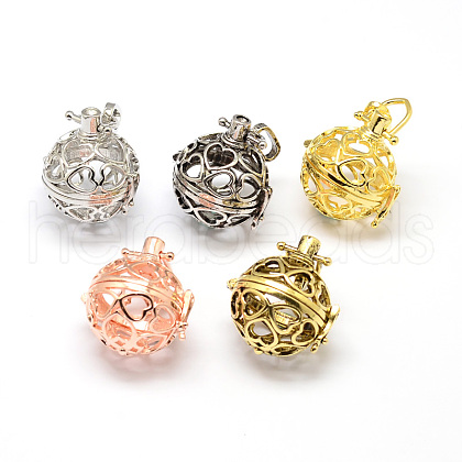 Filigree Round with Heart Brass Cage Pendants KK-N0092-03M-NR-1