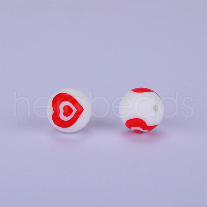 Printed Round with Heart Pattern Silicone Focal Beads SI-JX0056A-192-1