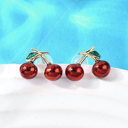 Cherry Brass Enamel Stud Earrings EJEW-U061-01G-1