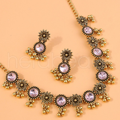 Flat Round & Flower Alloy Rhinestone Pendant Necklace & Stud Dangle Earring Sets FS-WG9BC55-03-1