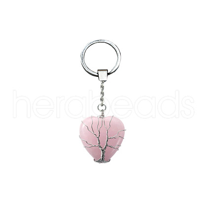 Tree of Life Wire Wrapped Heart Natural Rose Quartz Pendant Keychain FIND-PW0017-03C-1