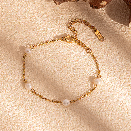 Simple and Elegant Stainless Steel & Natural Freshwater Pearl Link Chain Bracelets for Women FO7311-2-1