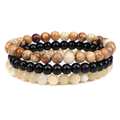 3Pcs 3 Style Natural Picture Jasper & Black Agate & Citrine Round Beaded Stretch Bracelets Set PW23030759584-1