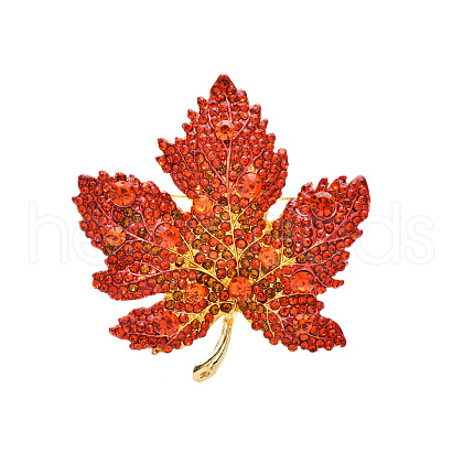 Autumn Maple Leaf Light Gold Alloy Rhinestone Brooch Pins PW-WG57699-01-1