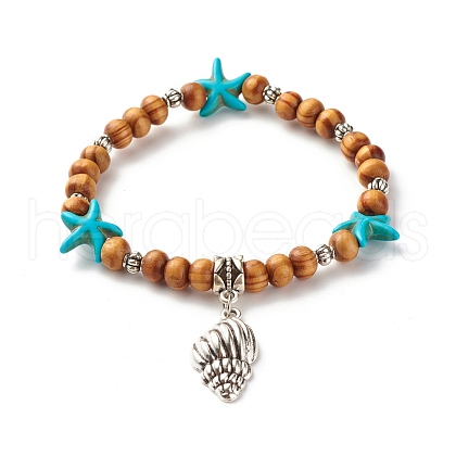 Starfish Synthetic Turquoise Beads & Round Natural Wood Beads Stretch Bracelet BJEW-JB07270-1