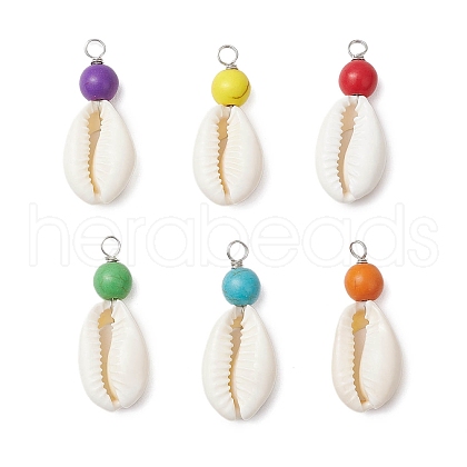 Natural Cowrie Shell & Round Dyed Synthetic Turquoise Pendants PALLOY-JF03809-02-1