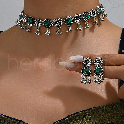 Flat Round & Flower Alloy Rhinestone Pendant Necklace & Stud Dangle Earring Sets FS-WG9BC55-08-1