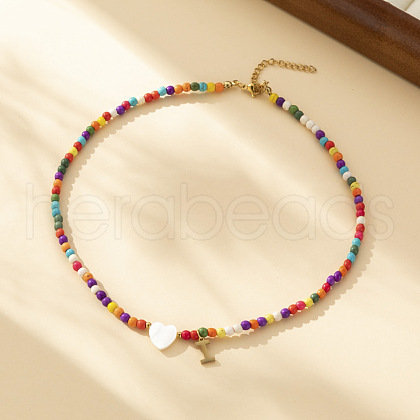 Heart Natural Shell & Colorful Glass Seed Round Beaded Necklaces FS-WGE10D5-09-1