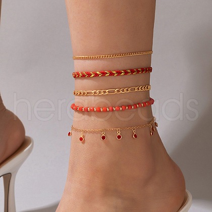 5Pcs Bohemian Alloy & Glass Seed Beaded & Rhinestone Flat Round Tassel Anklet Sets FS-WG9E669-02-1