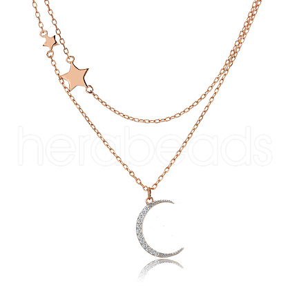 925 Sterling Silver Double Layer Cable Chain Moon Star Pendant Necklaces for Women UA7696-2-1