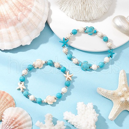 2Pcs Synthetic Turquoise Beaded Stretch Bracelets BJEW-TA00630-1