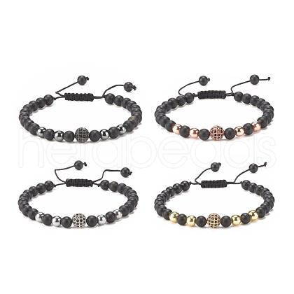 4Pcs 4 Color Natural Obsidian & Synthetic Hematite Braided Bead Bracelet with Cubic Zirconia BJEW-JB08117-1