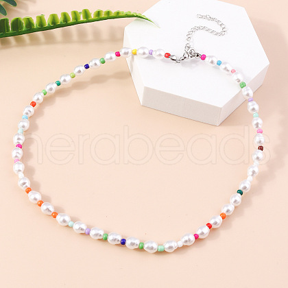 Glass Seed Beads with Plastic Pearl oval Beaded Necklaces for Women FS-WGE85A7-13-1