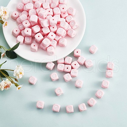 20Pcs Pink Cube Letter Silicone Beads 12x12x12mm Square Dice Alphabet Beads with 2mm Hole Spacer Loose Letter Beads for Bracelet Necklace Jewelry Making JX435N-1