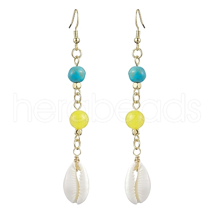 Cowrie Shell and Synthetic Turquoise & Natural Mashan Jade Dangle Earrings for Women EJEW-JE05814-1