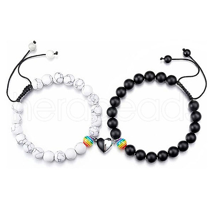 2Pcs Couple Chakra Natural Howlite & Black Stone Braided Beads Bracelet Sets MV4746-4-1
