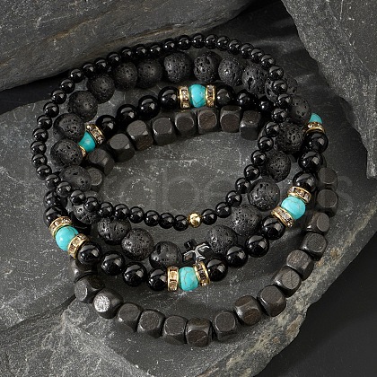 4Pcs 4 Styles Bohemian Style Natural Black Agate & Lava Rocl Beads Stretch Bracelets for Men LZ4135-1