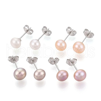 Natural Pearl Half Round Stud Earrings EJEW-Q701-01A-01A-03-1