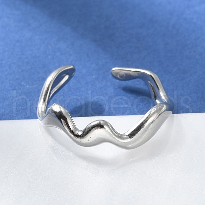 Non-Tarnish 304 Stainless Steel Wave Open Cuff Ring for Women RJEW-C040-02P-1