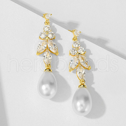 Teardrop with Leaf Brass Clear Cubic Zirconia Dangle Stud Earrings FS-WG5BC5A-03-1