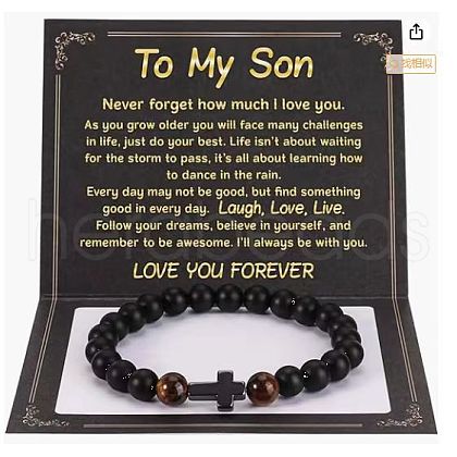 Cross Natural Tiger Eye & Frosted Black Obsidian Round Beads Stretch Bracelets for Men Women WG92FBF-12-1