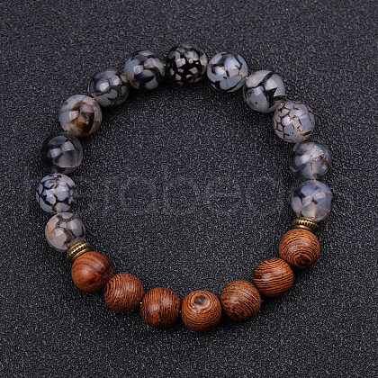 Dyed Natural Crackle Agate & Wood Round Beaded Stretch Bracelets PW-WG48929-08-1