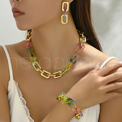 Alloy & Acrylic Rectangle Link Chain Necklace & Bracelet & Stud Dangle Earring Sets FS-WG12B03-01-1