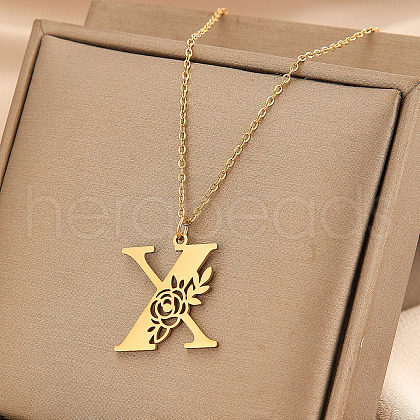 Flower Letter Stainless Steel Initial Pendant Necklaces for Women Men FS-WGF85E2-08-1
