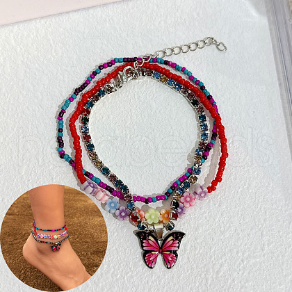 Bohemian Resin & Glass Seed Beaded Stretch Multi-Layered Anklet Sets WG187EB-12-1