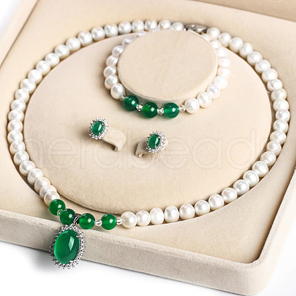 Mother's Day Jewellery Natural Freshwater Pearl Chrysoprase Beaded Necklace & Bracelets & Earrings Sets for Women WGE4EAE-33-1