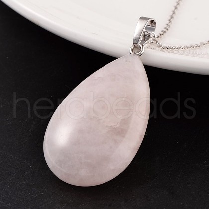 Teardrop Platinum Tone Brass Rose Quartz Pendants X-G-F267-07O-1