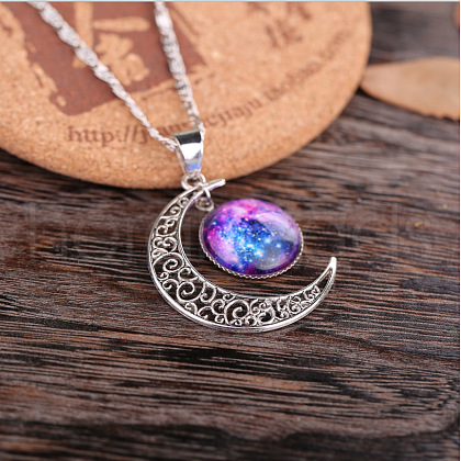 Alloy Glass Moon Syb Pendant Lumachina Chain Necklaces for Women WGDF061-07-1