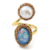 Resin Oval & Imitation Pearl Open Cuff Ring with Rhinestone RJEW-D005-10G-2