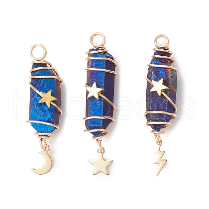 3Pcs 3 Styles Electroplated Natural Quartz Crystal Pointed Copper Wire Wrapped Pendants PALLOY-JF03766-03-1