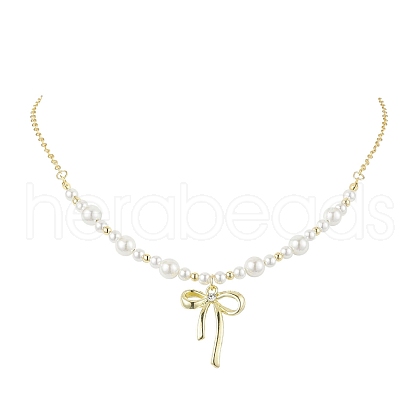 Bowknot Alloy Shell Pearl Pendants Necklaces NJEW-TA00152-1