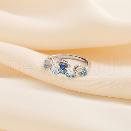925 Sterling Silver with Natural Freshwater Beads Adjustable Finger Ring for Women RJEW-M073-01P-1