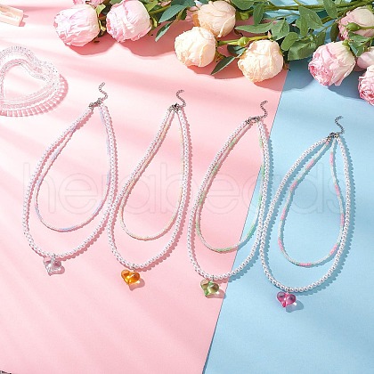 4Pcs 4 Colors Acrylic Heart Pendant ABS Plastic Imitation Pearl & Glass Seed Beaded Double Layer Necklaces NJEW-JN05290-1