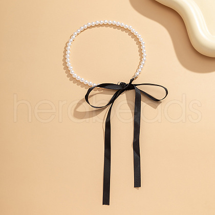 Bowknot Satin Cord Plastic Imitation Pearl Round Beaded Choker Necklaces for Women WG8633D-01-1